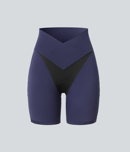 SoftlyZeroTM High Waisted Crossover Contrast Lace Built-in Underwear Yoga Biker Shorts 5'' with Pocket-UPF50+