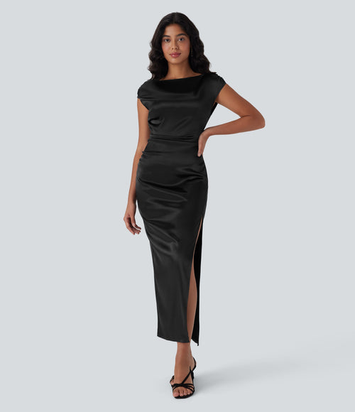 Boat Neck Cap Sleeve Ruched Satin Dress