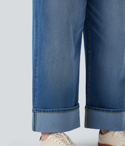 Plus Size FlexTM High Waisted Wide Leg Rolled Hem Washed Stretchy Knit Casual Jeans with Pockets