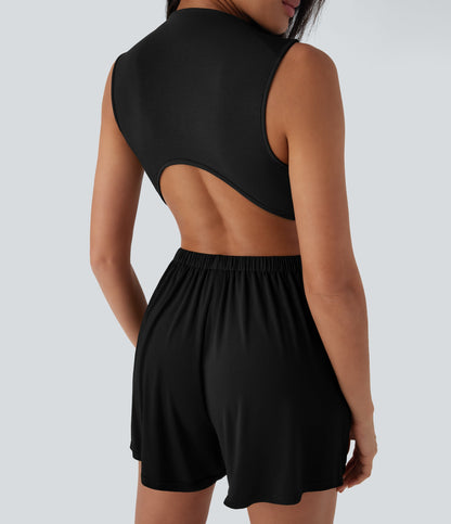 Mock-Neck Sleeveless Casual Jumpsuit with Pockets-Easy Peezy