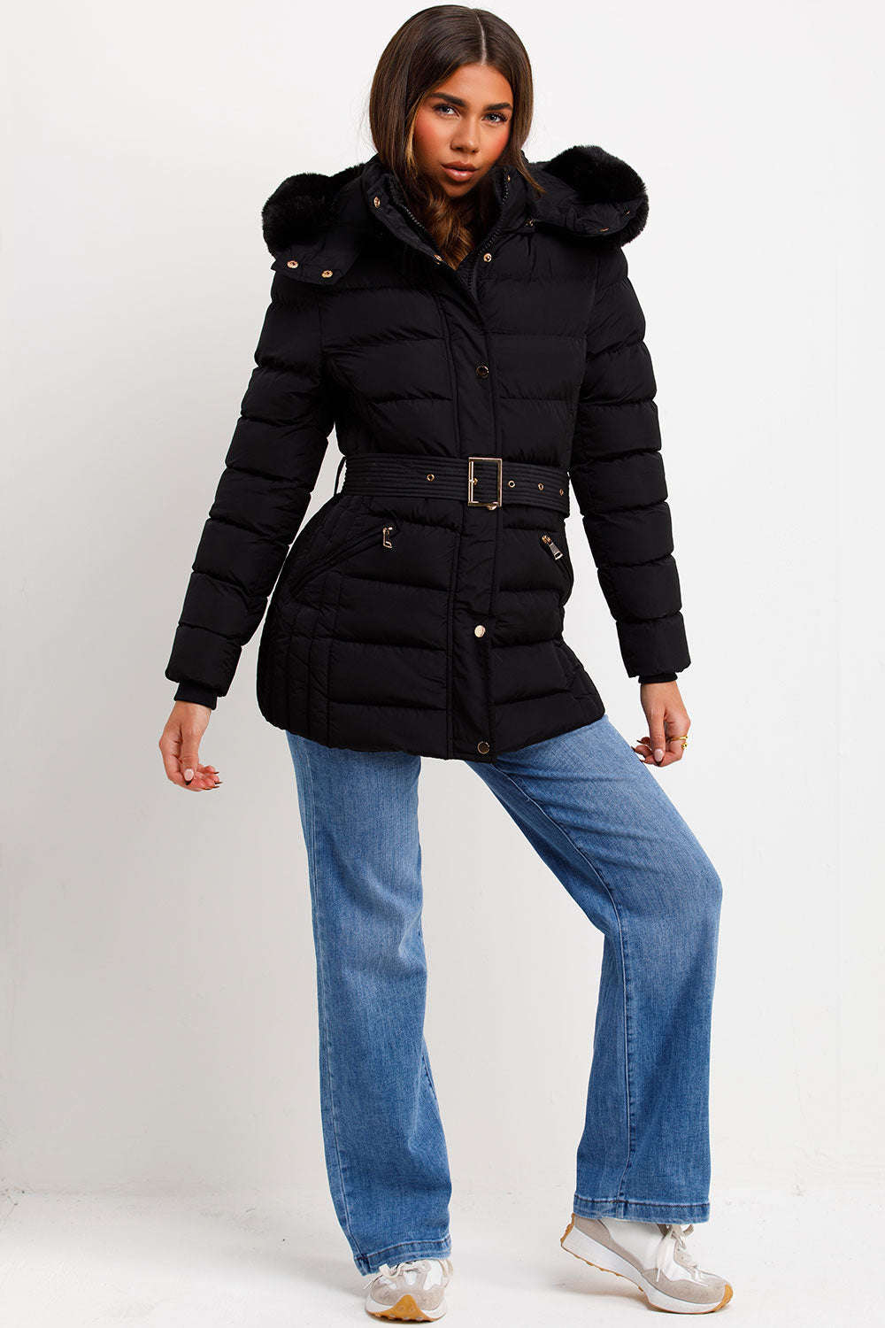 Black Puffer Coat With Faux Fur Hood And Belt