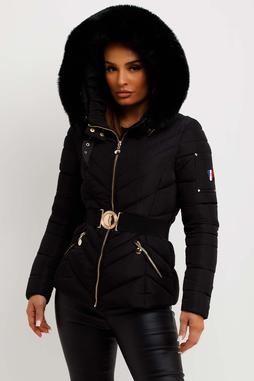 Puffer Jacket With Fur Hood And Belt Black