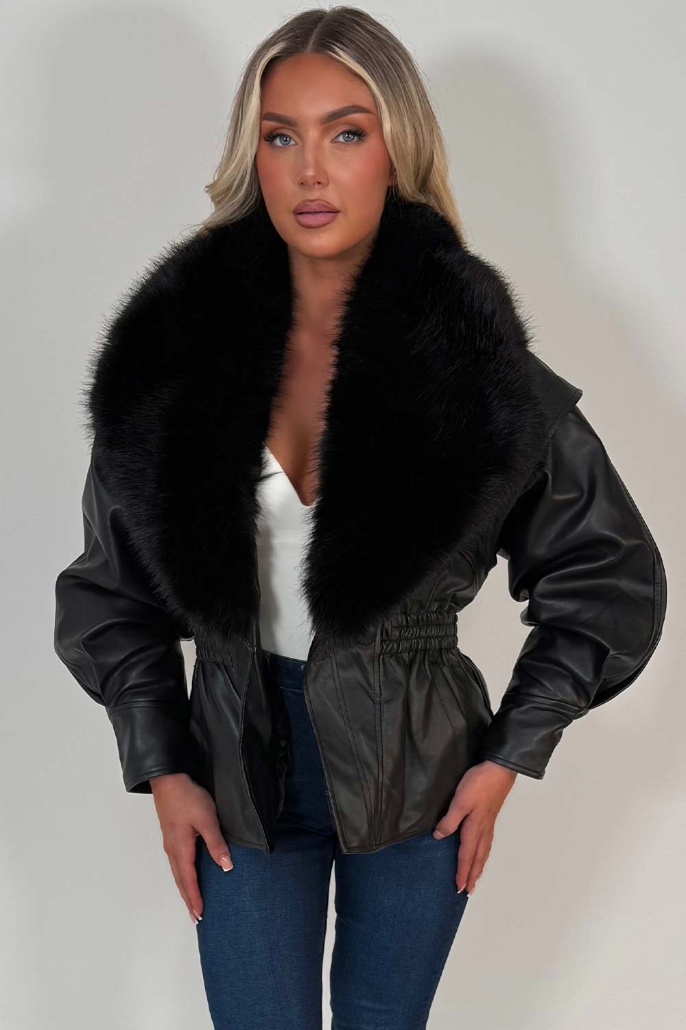 Black Fur Collar Faux Leather Jacket With Cinched Waist