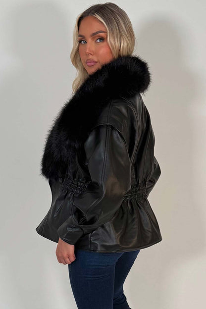 Black Fur Collar Faux Leather Jacket With Cinched Waist