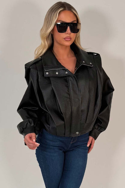 Black Faux Leather Funnel Neck Bomber Jacket