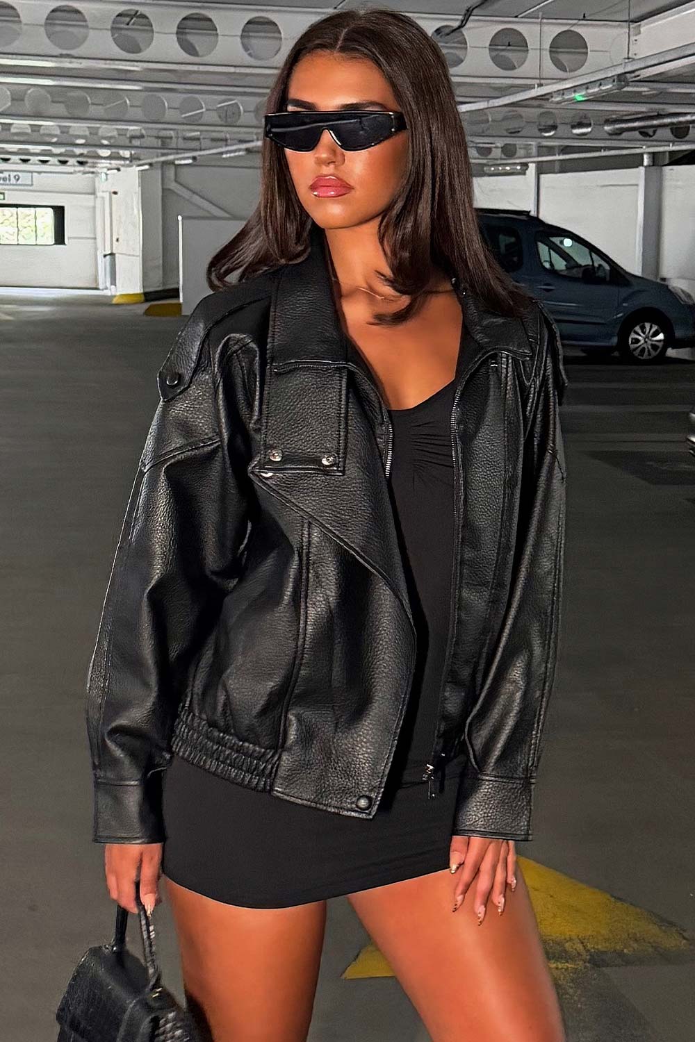Black Faux Leather Funnel Neck Jacket