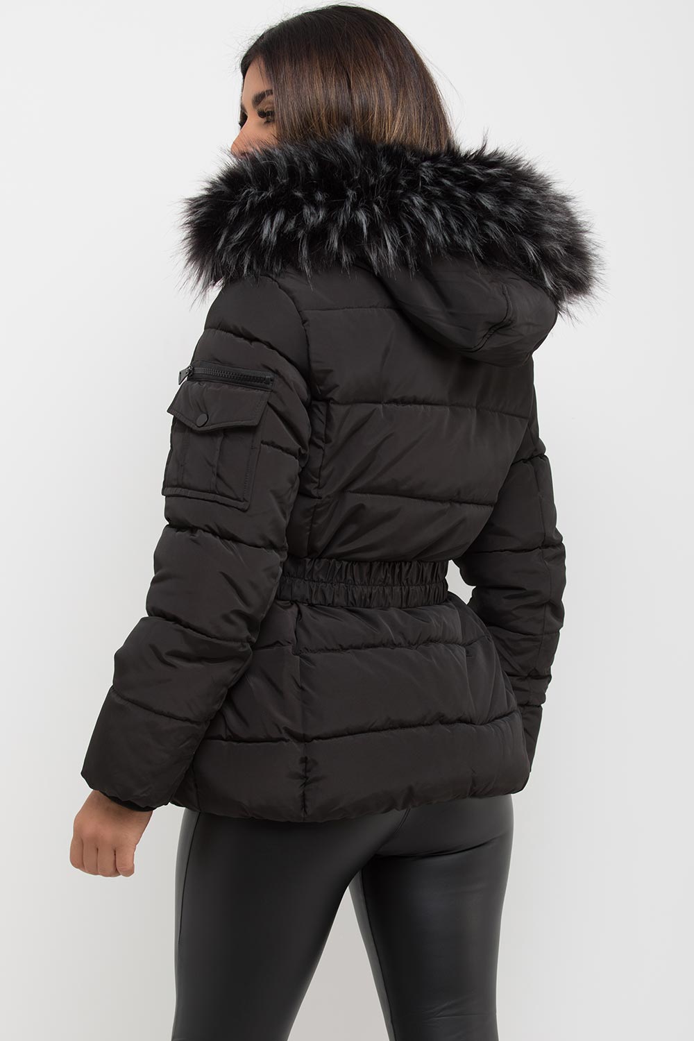 Faux Fur Hooded Jacket With Belt