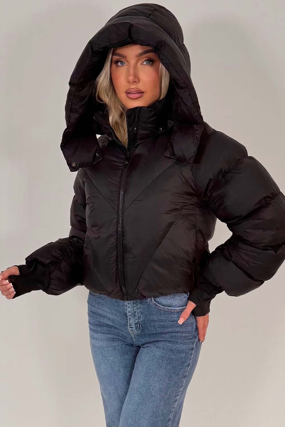 Black Puffer Padded Jacket With Hood