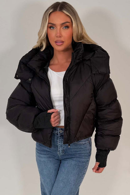 Black Puffer Padded Jacket With Hood