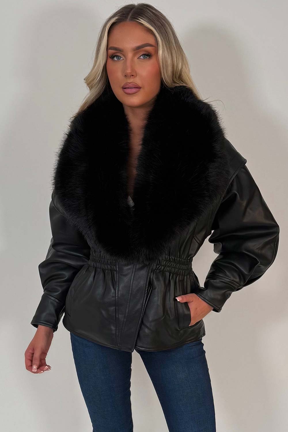 Black Fur Collar Faux Leather Jacket With Cinched Waist