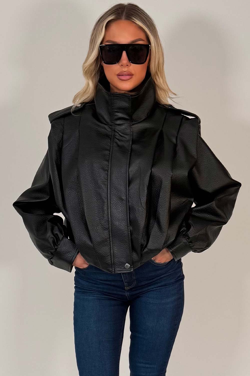 Black Faux Leather Funnel Neck Bomber Jacket