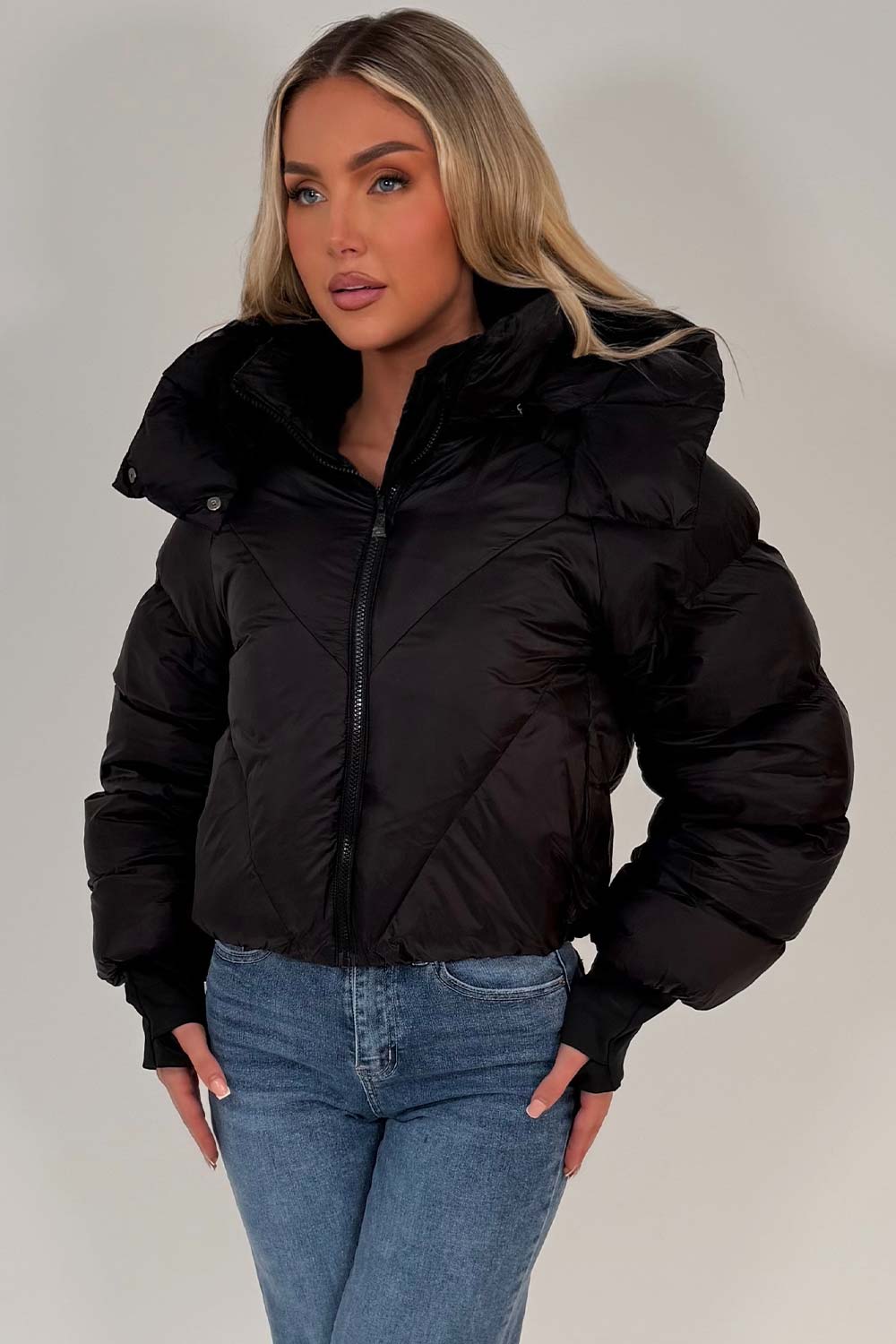 Black Puffer Padded Jacket With Hood
