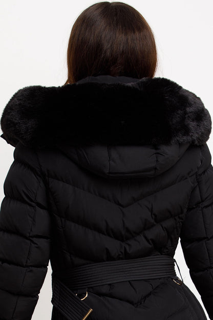 Black Puffer Coat With Faux Fur Hood And Belt