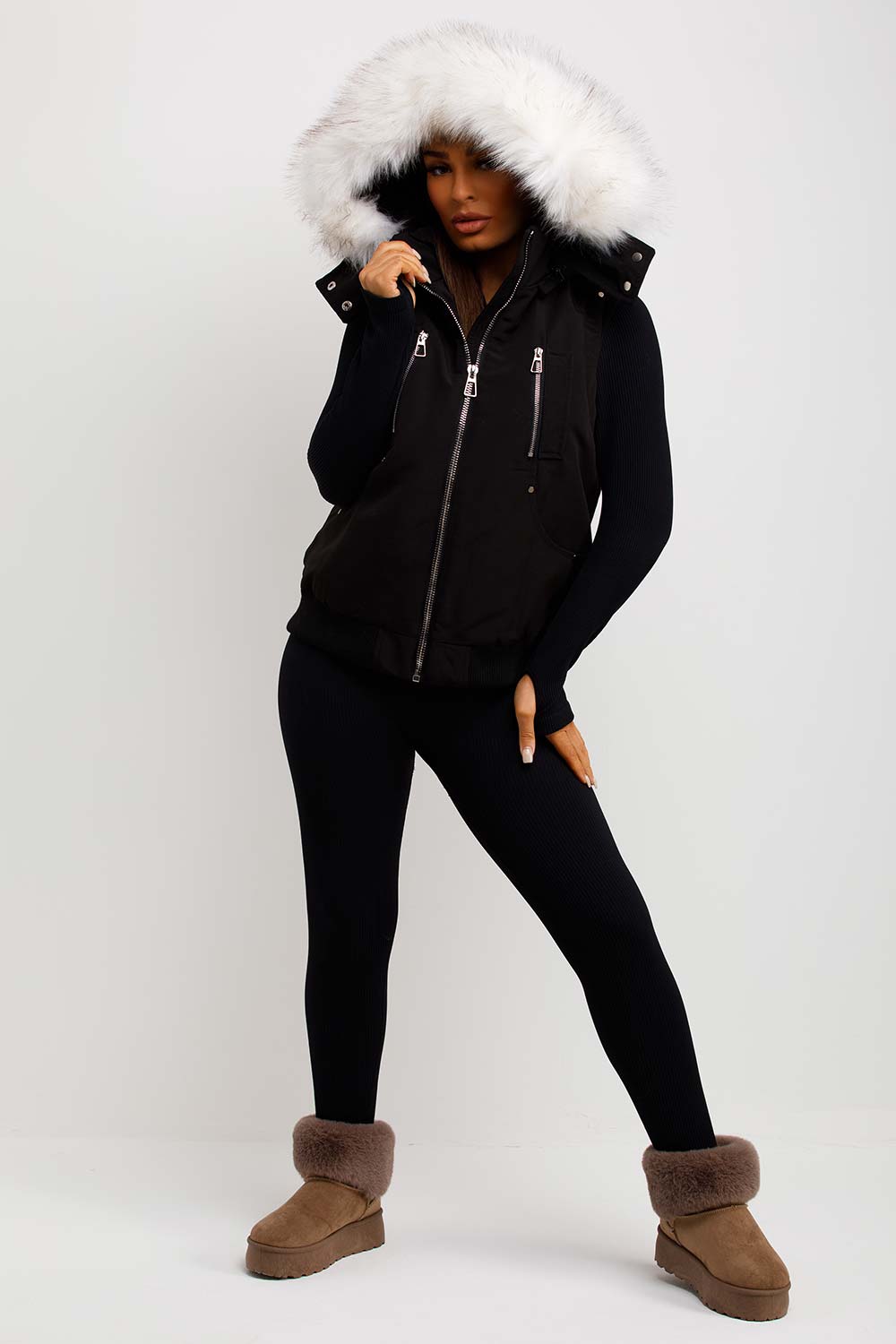 Black Gilet With Faux Fur Hood