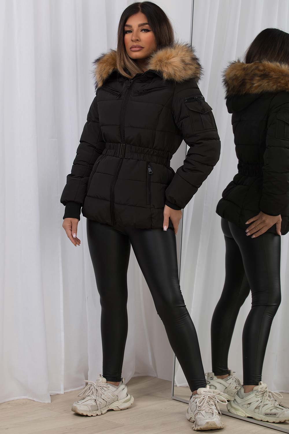 Faux Fur Hood Puffer Jacket With Belt Black
