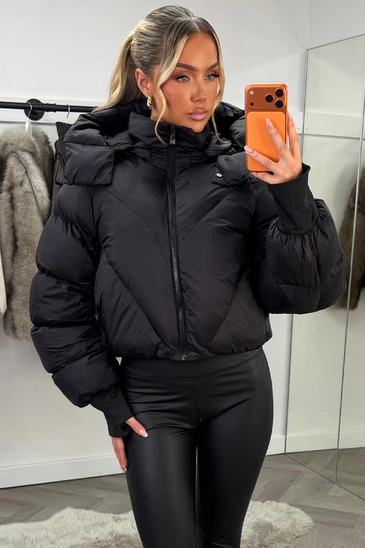 Black Puffer Padded Jacket With Hood