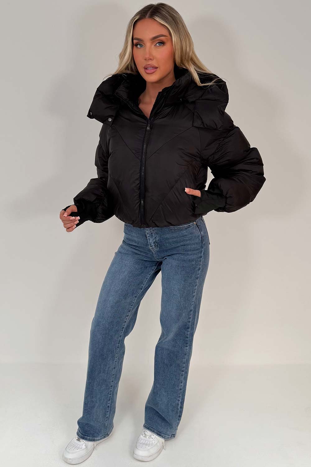 Black Puffer Padded Jacket With Hood