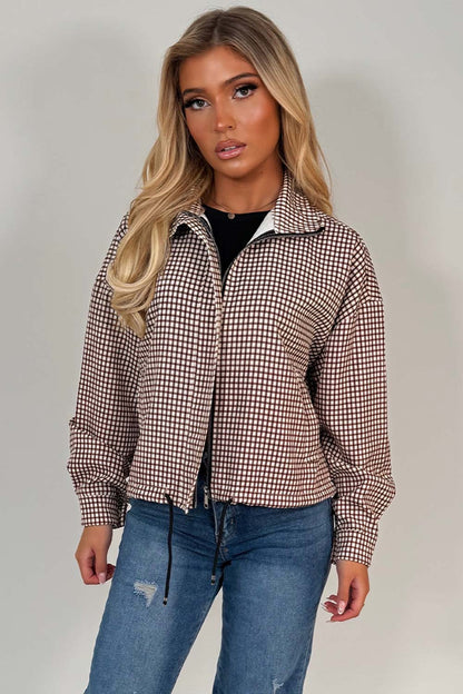 Brown Checked Jacket With Drawstring Hem