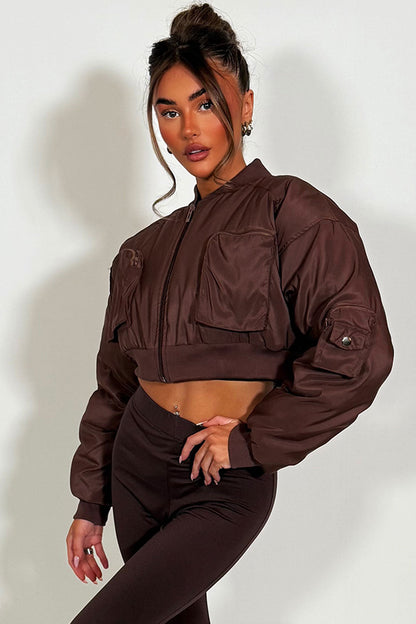 Crop Bomber Jacket With Pockets Brown