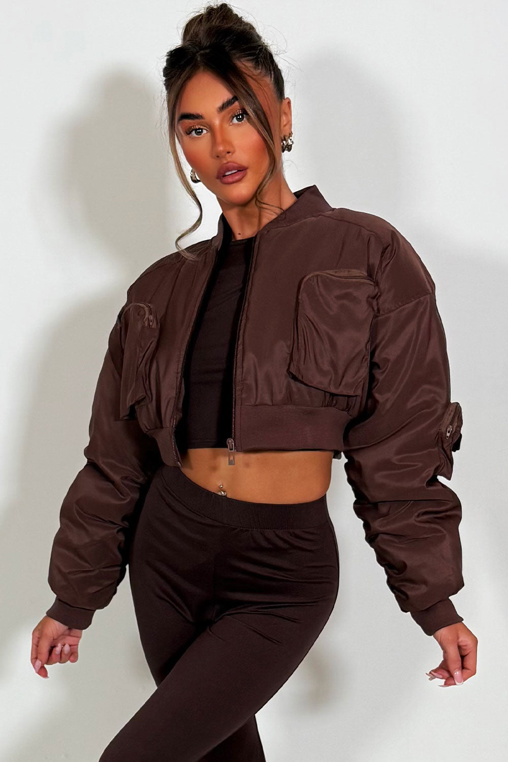 Crop Bomber Jacket With Pockets Brown