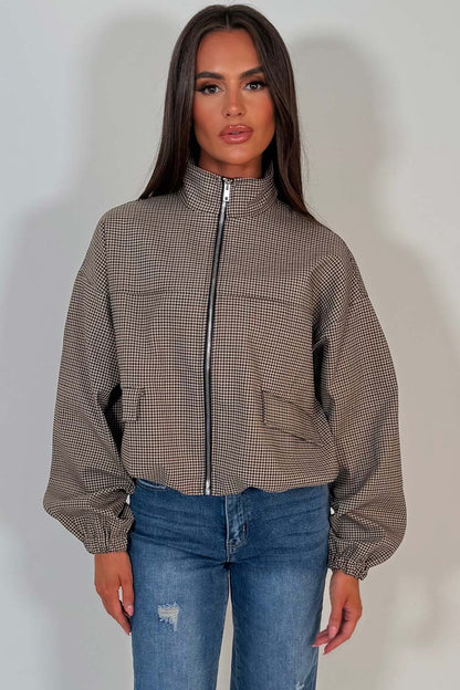 Checkered Bomber jacket With Collar Beige