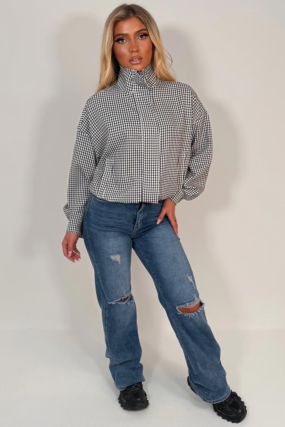 Checked Jacket With Drawstring Hem Black & White