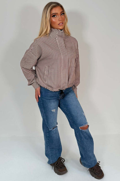 Brown Checked Jacket With Drawstring Hem