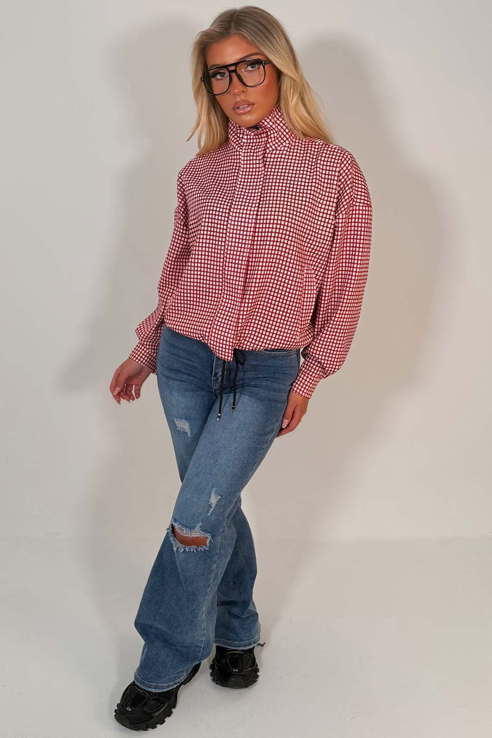 Red Checked Jacket With Drawstring Hem