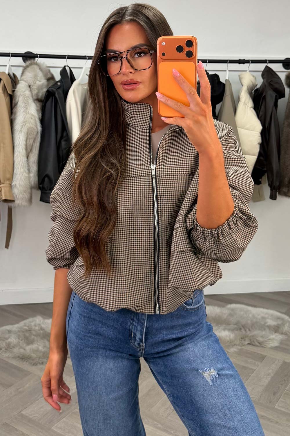 Checkered Bomber jacket With Collar Beige