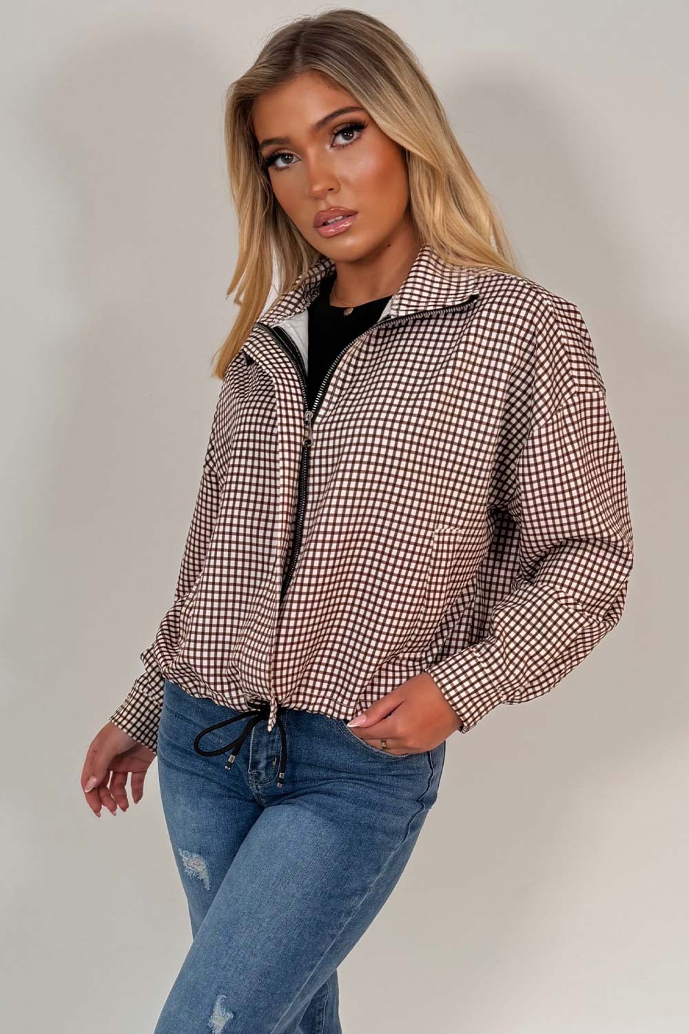 Brown Checked Jacket With Drawstring Hem