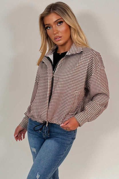 Brown Checked Jacket With Drawstring Hem