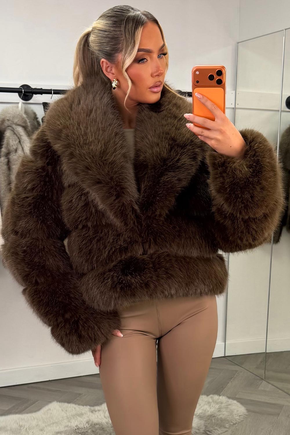Faux Fur Coat With Collar Brown