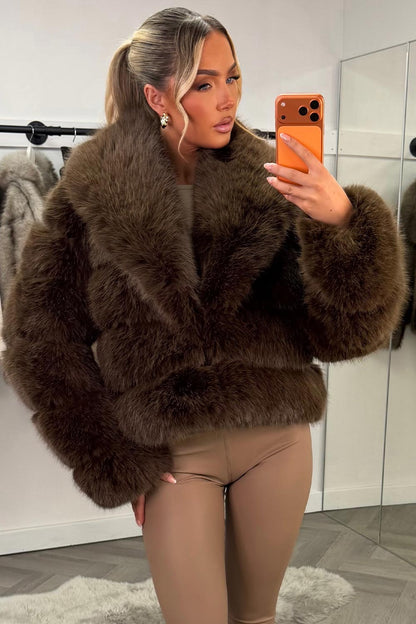 Faux Fur Coat With Collar Brown