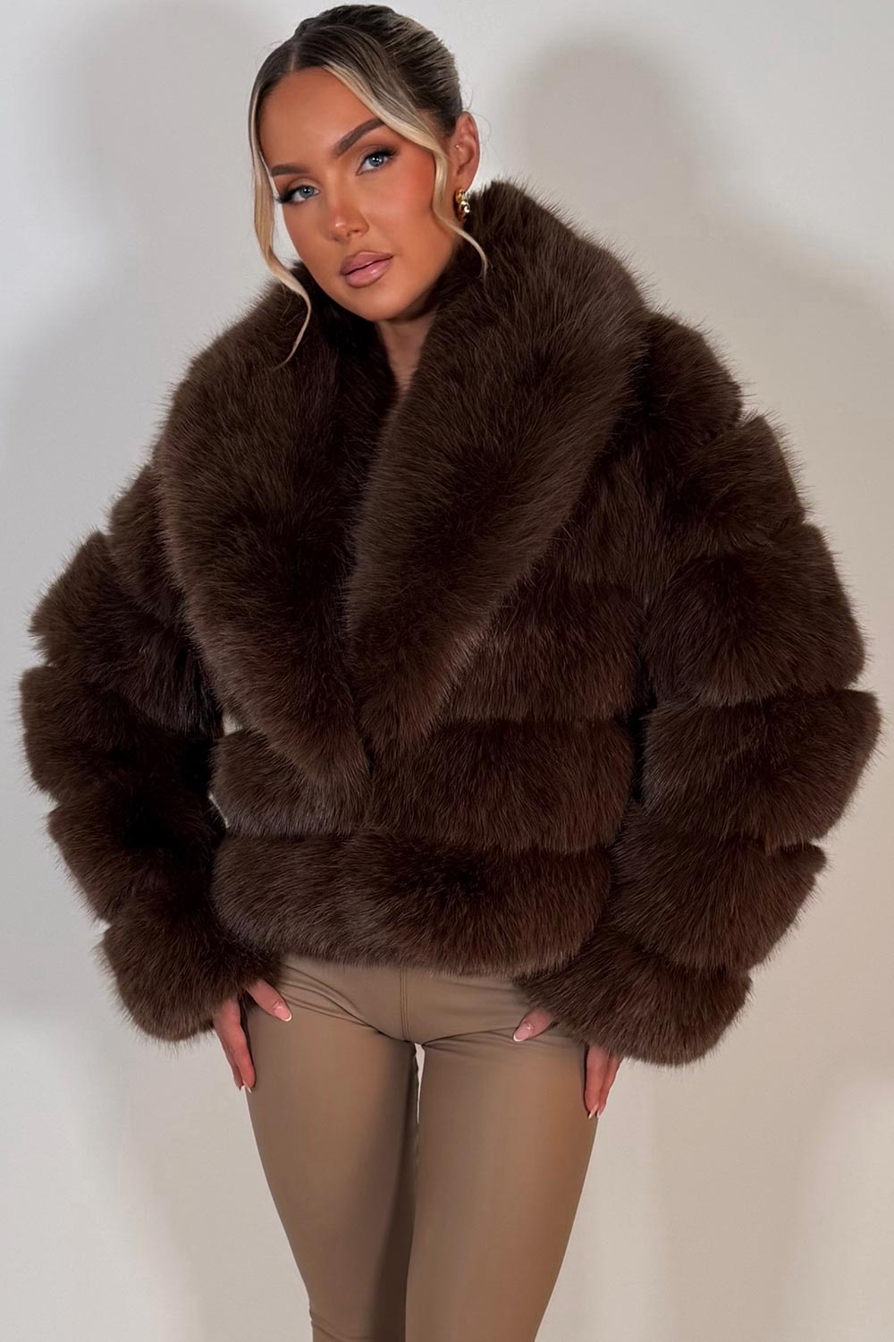 Faux Fur Coat With Collar Brown