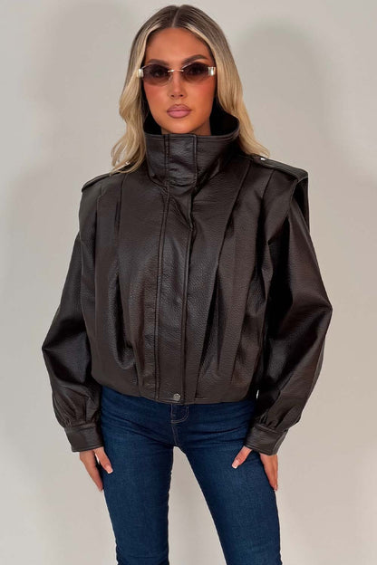 Brown Faux Leather Funnel Neck Bomber Jacket
