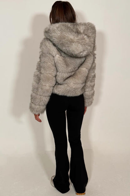 Grey Faux Fur Jacket With Hood