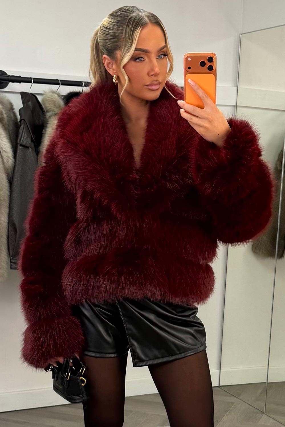 Faux Fur Coat With Collar Burgundy
