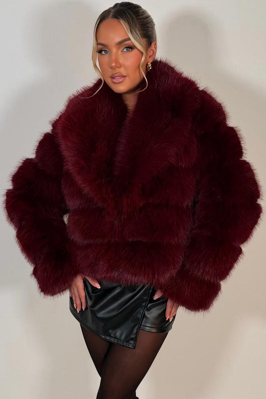 Faux Fur Coat With Collar Burgundy