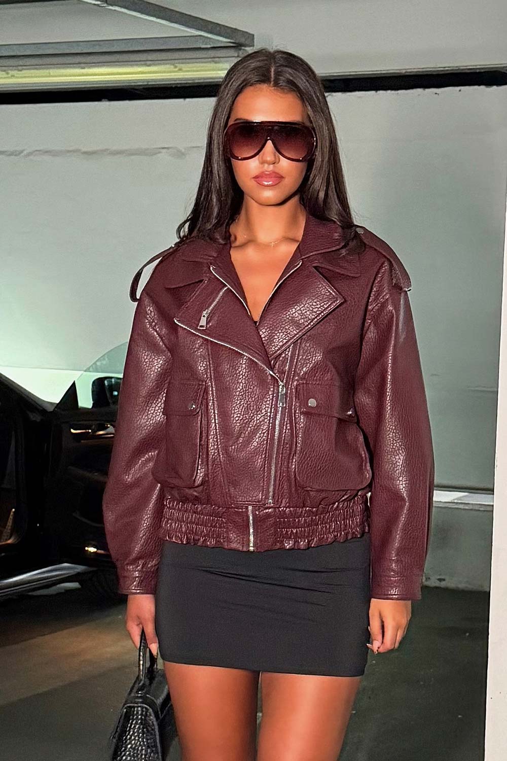 Burgundy Faux Leather Bomber Jacket With Double Collar