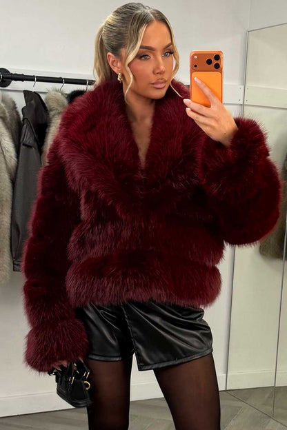 Faux Fur Coat With Collar Burgundy