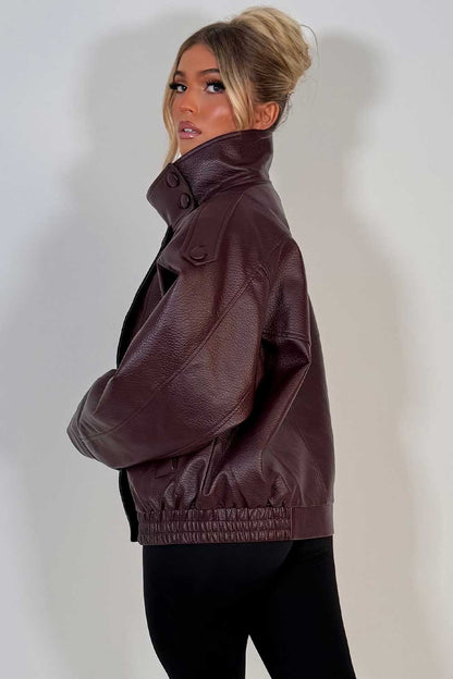 Faux Leather Funnel Neck Jacket Burgundy