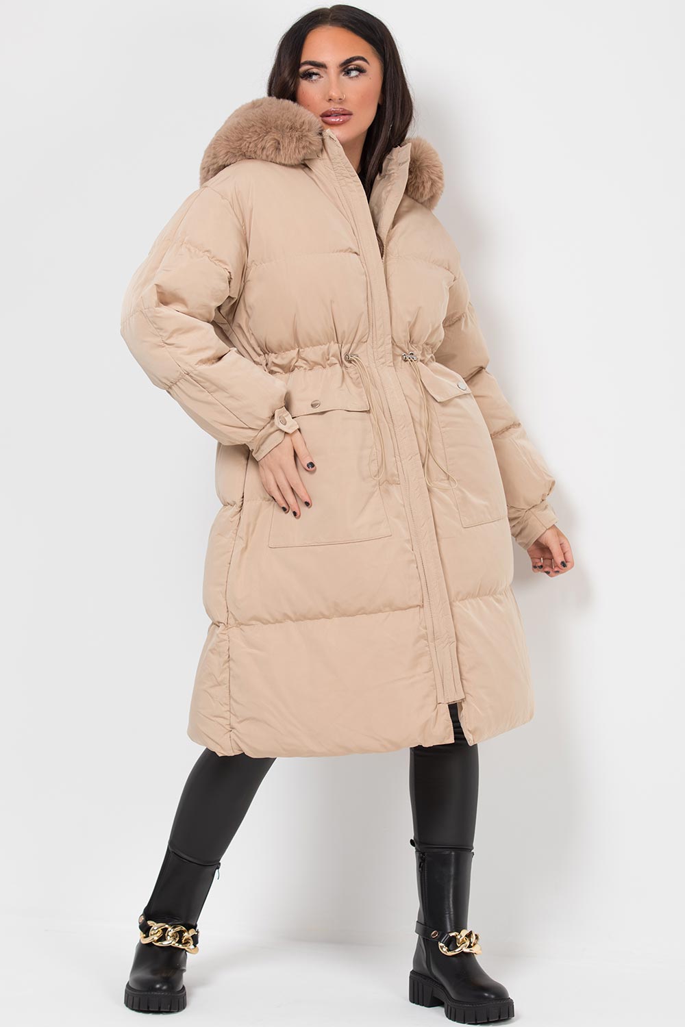 Long Puffer Coat With Faux Fur Hood And Drawstring Waist Beige