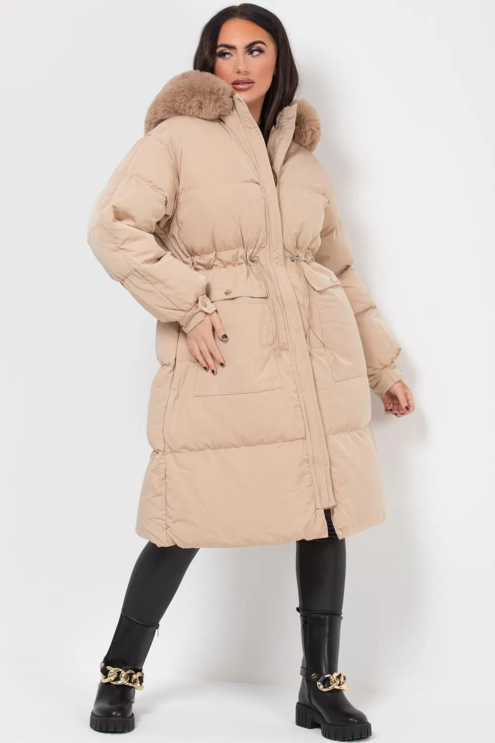 Long Puffer Coat With Faux Fur Hood And Drawstring Waist Beige