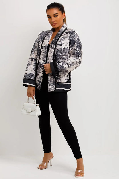 Satin Quilted Blazer Jacket With Jungle Print Black White