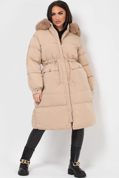 Long Puffer Coat With Faux Fur Hood And Drawstring Waist Beige