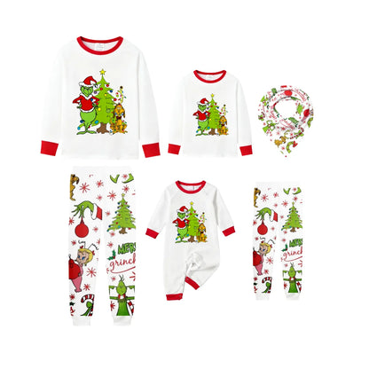Family Christmas White Pajamas Set With Cartoon Pattern Print