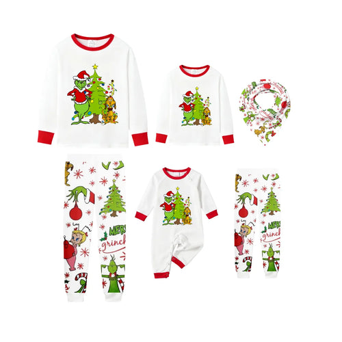 Family Christmas White Pajamas Set With Cartoon Pattern Print