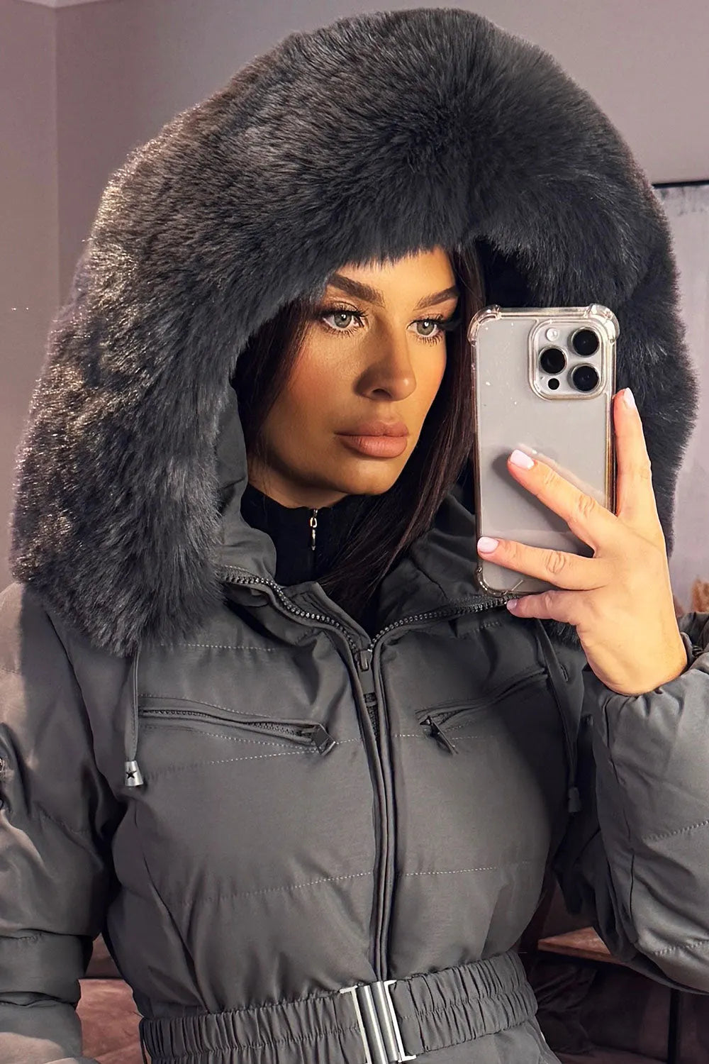 Longline Puffer Padded Coat With Fur Hood And Belt Grey