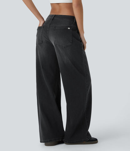 FlexTM Asymmetric Low Rise Zipper Pockets Baggy Wide Leg Washed Casual Jeans