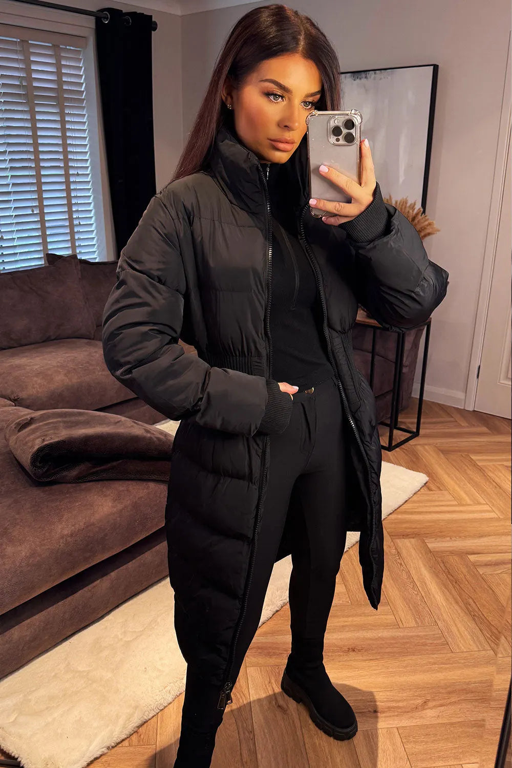 Puffer Padded Winter Coat With Contour Structured Detail Black